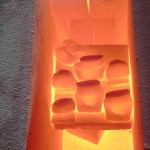 firing the kiln, cone 9 flat, 6 tiles (3 glazes on two clays)
