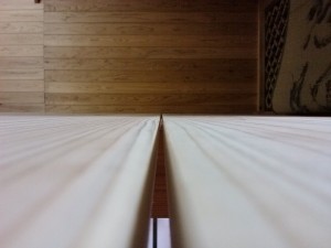 Staring down the floorboards.